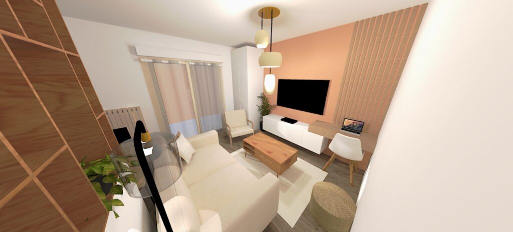 aménagement 3D de salon suite à Argenteuil pour un projet d'aménagement 3D par OLPIA DECO