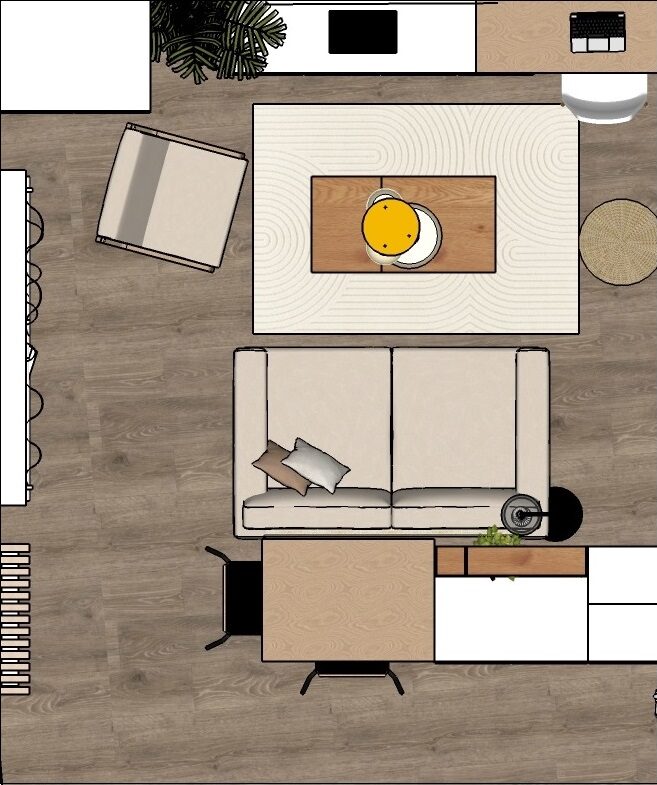 aménagement 3D de salon vue aérienne à Argenteuil pour un projet d'aménagement 3D par OLPIA DECO
